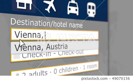 Online hotel search in Vienna on some booking site. Travel to Austria conceptual 3D rendering Online hotel search in Vienna on some booking site. Travel to Austria conceptual 3D rendering 49070156