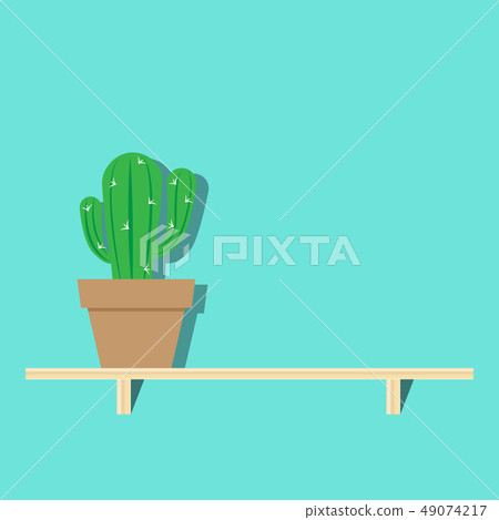 illustration of cactus in pot on wooden shelf 49074217