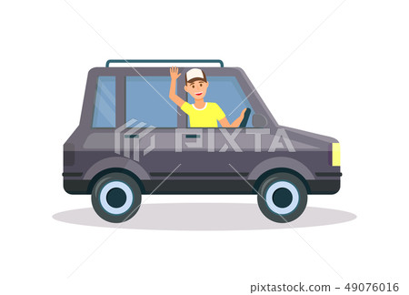 Man in Yellow T-shirt and Cap Driving Black Car 49076016