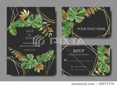 Vector Tropical leaves. Gold and green engraved ink art. Wedding background card floral decorative 49077776