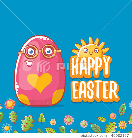 Happy easter cartoon greeting card with cute colorful cartoon egg character and sun isolate on blue Happy easter cartoon greeting card with cute colorful cartoon egg character and sun isolate on blue 49082137