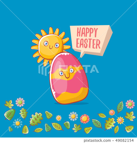 Happy easter cartoon greeting card with cute colorful cartoon egg character and sun isolate on blue Happy easter cartoon greeting card with cute colorful cartoon egg character and sun isolate on blue 49082154