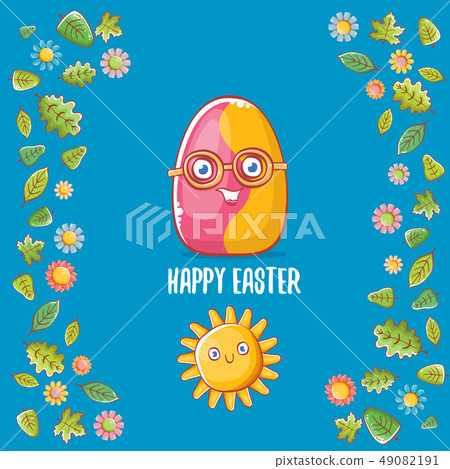 Happy easter cartoon greeting card with cute colorful cartoon egg character and sun isolate on blue 49082191