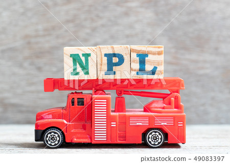 Red fire truck hold letter block in word NPL 49083397