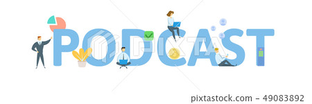 PODCAST. Concept with people, letters and icons. Flat vector illustration. Isolated on white 49083892