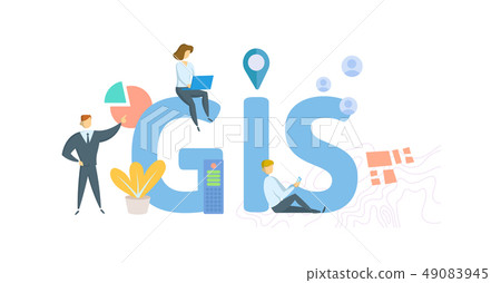 GIS, geographic information system. Concept with people, letters and icons. Flat vector illustration 49083945