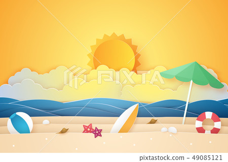 Summer time , sea and beach with stuff , paper art Summer time , sea and beach with stuff , paper art 49085121