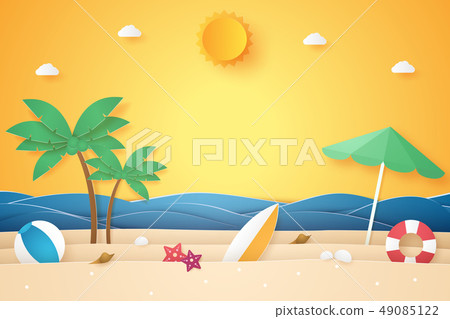 Summer time , sea and beach with stuff , paper art Summer time , sea and beach with stuff , paper art 49085122