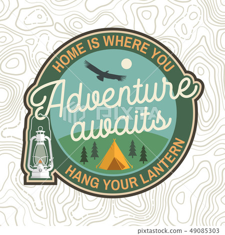 Adventure awaits patch. Vector. Concept for badge, shirt or logo, print, stamp, patch, apparel or Adventure awaits patch. Vector. Concept for badge, shirt or logo, print, stamp, patch, apparel or 49085303