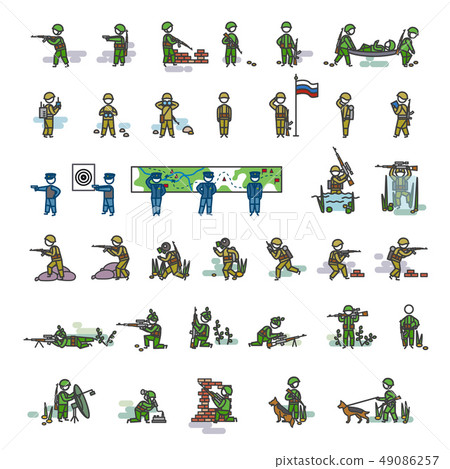 Armed soldiers in different action poses. Color vector illustration. Icon style set Armed soldiers in different action poses. Color vector illustration. Icon style set 49086257