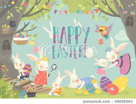 Happy bunnies celebrating Easter in the forest 49086965