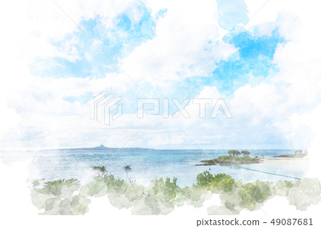 Emerald beach watercolor style of Okinawa 49087681