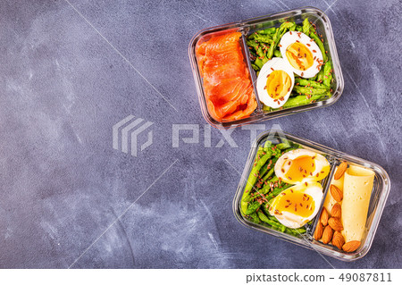Healthy balanced lunch box, ketogenic diet lunch. 49087811