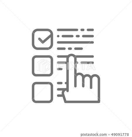 Finger points to a choice, check mark on ballot, election checklist line icon. Finger points to a choice, check mark on ballot, election checklist line icon. 49091778