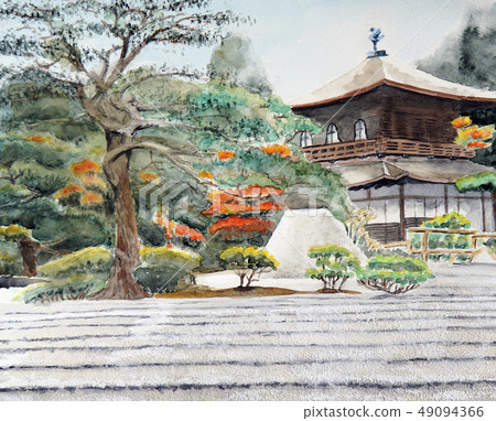 Ginkakuji National Treasure watercolor painting Kyoto white sand sightseeing 49094366