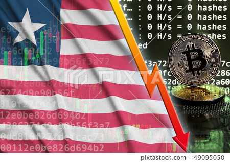 Liberia flag and falling red arrow on bitcoin Liberia flag and falling red arrow on bitcoin 49095050