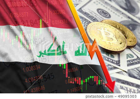 Iraq flag and cryptocurrency falling trend with Iraq flag and cryptocurrency falling trend with 49095303