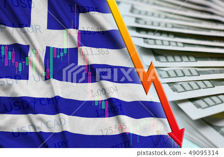 Greece flag and chart falling US dollar position 49095314