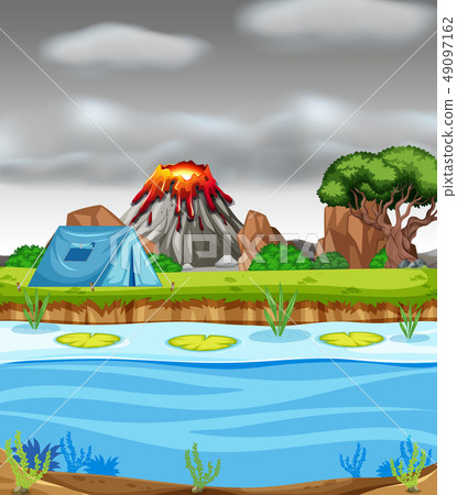Erupting volcano and camping scene Erupting volcano and camping scene 49097162