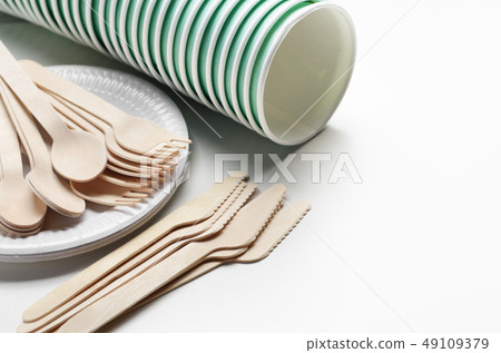 Wooden single use kitchenware and paper cups and 49109379