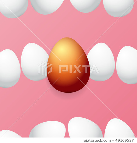 Happy easter greeting card with colorful golden egg and white eggs isolated on pink background Happy easter greeting card with colorful golden egg and white eggs isolated on pink background 49109557