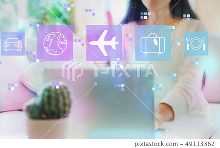 Airplane travel theme with woman using her laptop Airplane travel theme with woman using her laptop 49113362