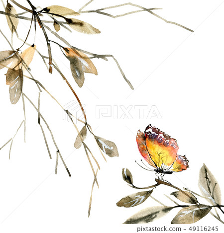 Watercolor tree leaves and butterfly 49116245