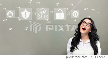 Virus and scam theme with young businesswoman Virus and scam theme with young businesswoman 49117264