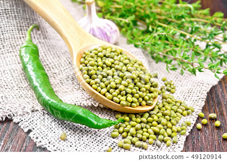 Mung beans in spoon on burlap 49120914
