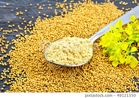 Mustard powder in spoon with flower on black board 49121350