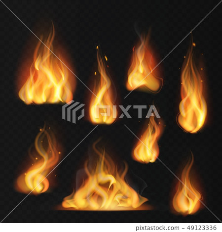 Realistic flame. Fireball warm fire effect abstract torch red flames flaming isolated vector set 49123336