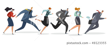 Business team running. Persons waving flag and jogging follow leader to professional triumph winning 49123355