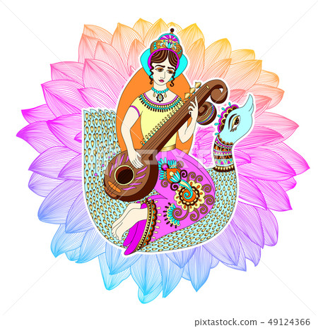Indian goddess Saraswati playing on veena astride 49124366