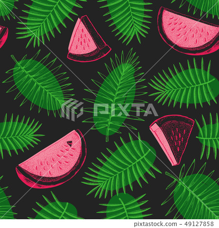 Watermelon and tropical leaves seamless pattern. - Stock Illustration ...