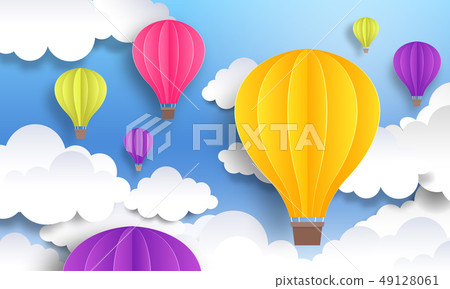 Paper cut balloons. Sky pastel background, cute origami cartoon graphic, flight voyage concept 49128061