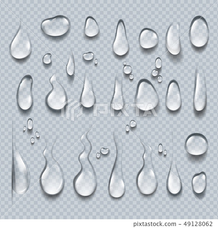 Realistic water drops. 3D transparent condensation droplets, bubble collection on clear surface 49128062