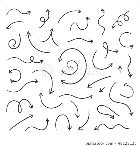 Doodle arrows. Hand drawn line pointers, pencil sketch elements, round curly wavy direction arrows Doodle arrows. Hand drawn line pointers, pencil sketch elements, round curly wavy direction arrows 49128123