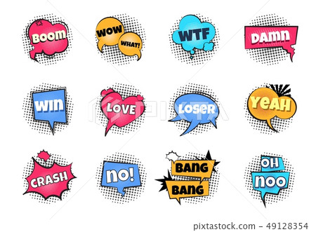 Comic pop art bubbles. Cartoon text balloon wow explosion sticker fun speech bubble comics retro 49128354