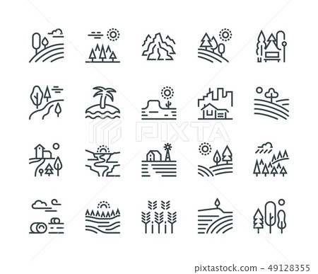 Landscape line icons. Nature park mountain hill forest trees and countryside garden, industrial 49128355