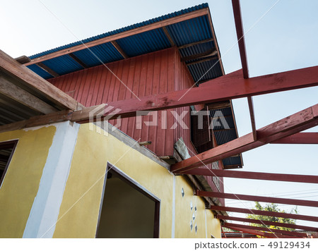 Wooden frame of the terrace roof. Wooden frame of the terrace roof. 49129434