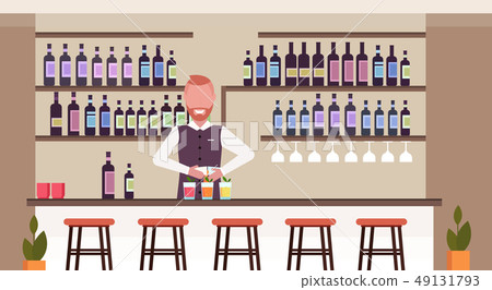 bartender using shaker making cocktails barman in uniform mixing beverage pouring drink in glasses 49131793