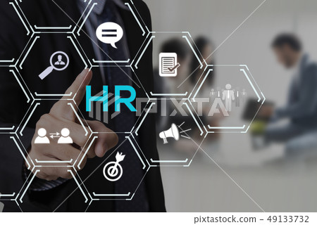 Businessman hand pressing button human resources. 49133732