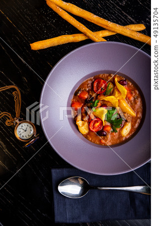 restaurant dishes. Beautiful and tasty food on a plate. beautiful serving food restaurant dishes. Beautiful and tasty food on a plate. beautiful serving food 49135704