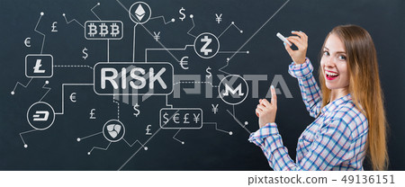 Cryptocurrency ICO risk theme with young woman Cryptocurrency ICO risk theme with young woman 49136151