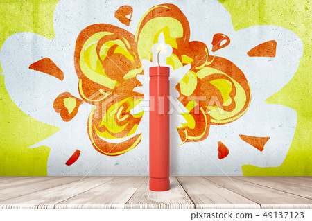 3d rendering of red dynamite stick on white wooden floor with a cartoon explosion drawn on the 3d rendering of red dynamite stick on white wooden floor with a cartoon explosion drawn on the 49137123