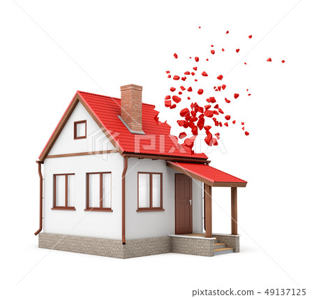 3d rendering of one-storeyed detached house with chimney starting to dissolve into pieces from one 3d rendering of one-storeyed detached house with chimney starting to dissolve into pieces from one 49137125