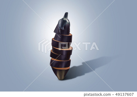 Eggplant sliced vertically on a blue background. Minimal vegetable concept. 49137607