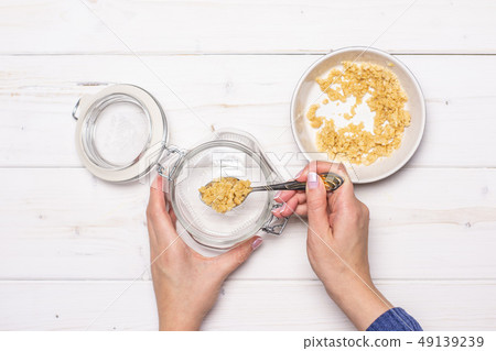 Recipe no bake cheesecake on grey wood 49139239