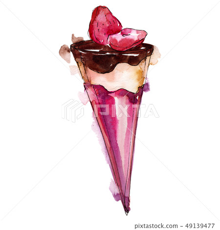 Tasty ice cream cone in a watercolor style isolated. Aquarelle sweet dessert. Background 49139477