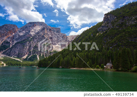 amazing view of turquoise Lago di Braies Lake 49139734